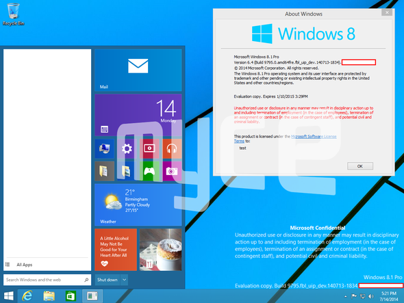 Windows 9 Build 9795 vom 13.Juli 2014