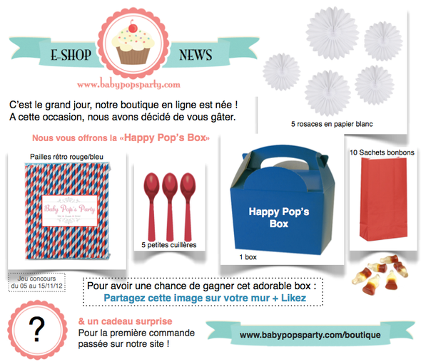 ouverture boutique en ligne e-shop décoration baby shower anniversaires pailles retro bonbons vaisselles jetables idées pas cher baby pop's party tendance pailles retro pompom box sachet pop corn