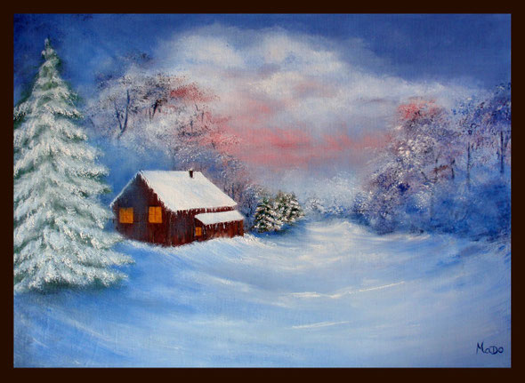 A vendre (avec cadre) : Instant crépusculaire sous la neige par MaDo (huile)