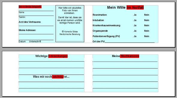 Notfallkärtchen für den Geldbeutel - Praxis für medizinische Beratung