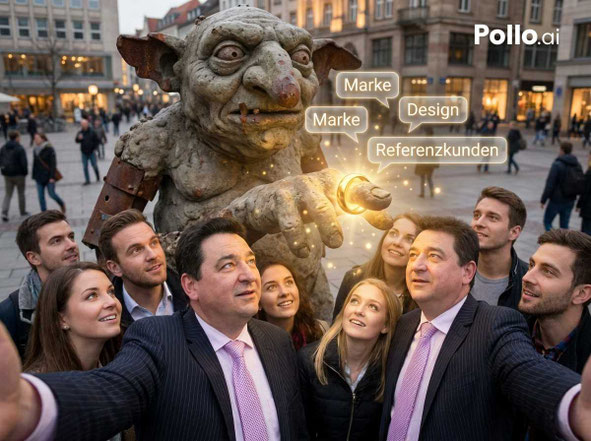 Selfie vor einer Statue. Ein Goldring zieht die Aufmerksamkeit auf sich und lenkt von der häßlichen Figur ab.