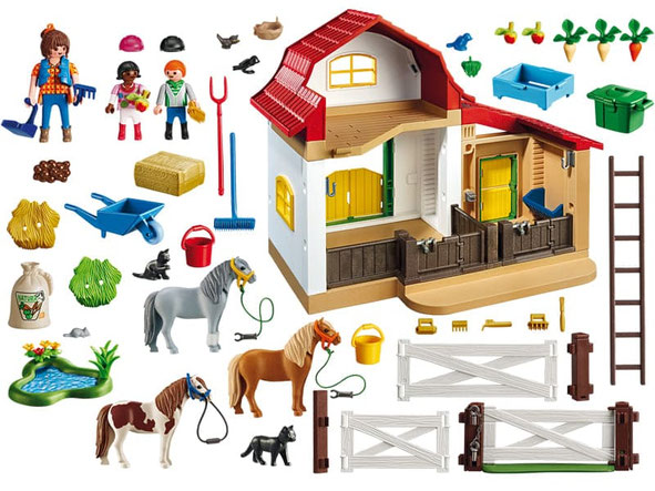 Im Paket Playmobil 6927 ist ein Stall, einer Frau, einem Mädchen, ein Junge und viele Tiere enthalten.