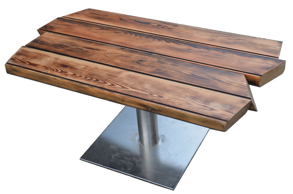 Table basse design: pied inox plateau en bois de chalet