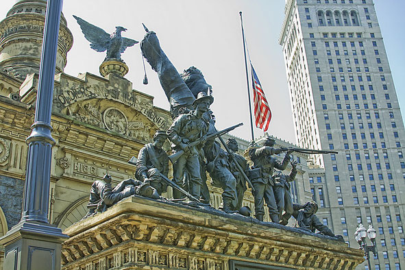 (Detail of one of the four bronze sculptural groupings on the monument's exterior, this one depicting the Infantry during a battle at Resaca, GA.)