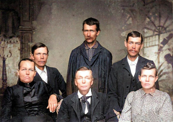 Bates family - [back] Dwight, Jesse, George; [front] Ann, William A., Lottie