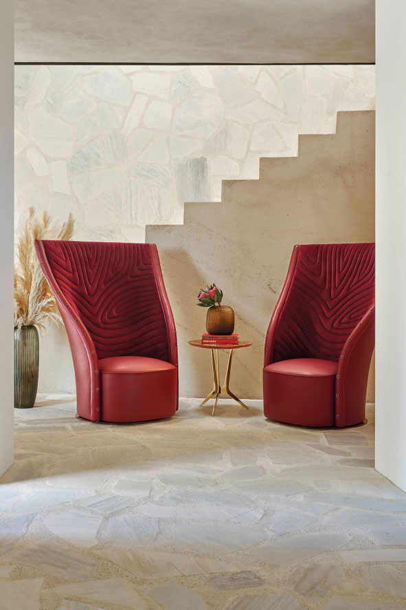Nevada armchair designed by Luca Tornaghi for Roberto Cavalli Home, high-back upholstered armchair with sculpted quilting pattern and enveloping vertical silhouette