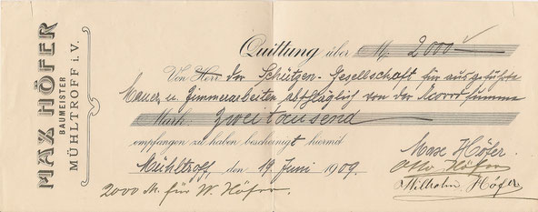 Quittung über 2000 Mark für Arbeiten beim Bau des neuen Schützenhauses 1909