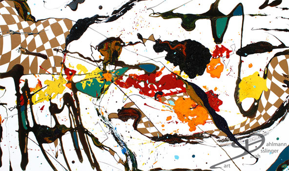 Sarah Esslinger-Dahlmann, Kampfgeist, März 2016, 120 x 70 cm, Mischtechnik auf Leinwand, abstraktes, kraftvolles, farbintensives Werk, schwarze Klumpen und Schlieren, grün, blau, gelb, orange, rot und ein weiß-braunes Karo-Muster
