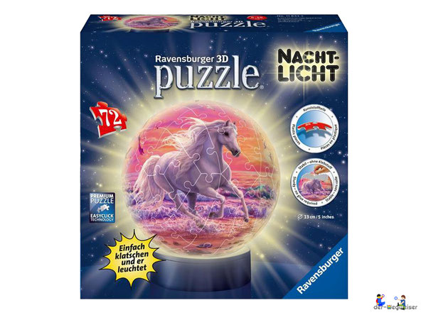 Bei der Bestellung im Onlineshop der-Wegweiser erhalten Sie das Ravensburger Paket 11843 Nachtlicht Puzzle-Ball Pferde am Strand.