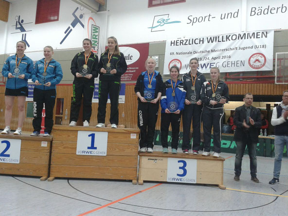 Siegerfoto der Mädchen-Doppel-Konkurrenz bei den 69. nationalen Deutschen Jugend-Meisterschaften in Essen