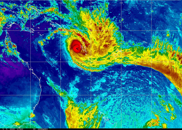 Colourised satellite image showing Severe Tropical Cyclone Harold passing over Vanuatu, 06/04/2020. Image from NOAA.