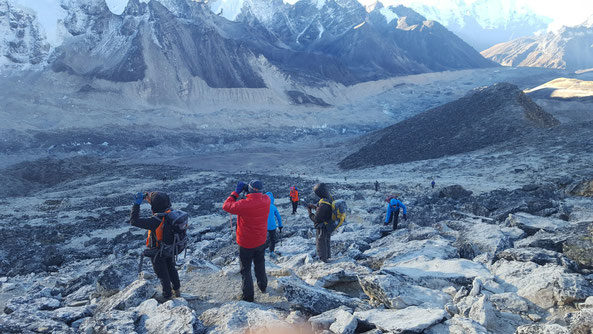 Trekkingroute im Himalaya in Nepal mit Wanderern und Bergpanorama