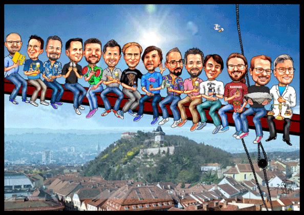 Karikaturen zeichnen lassen, Lunch atop a skyscaper over Graz.