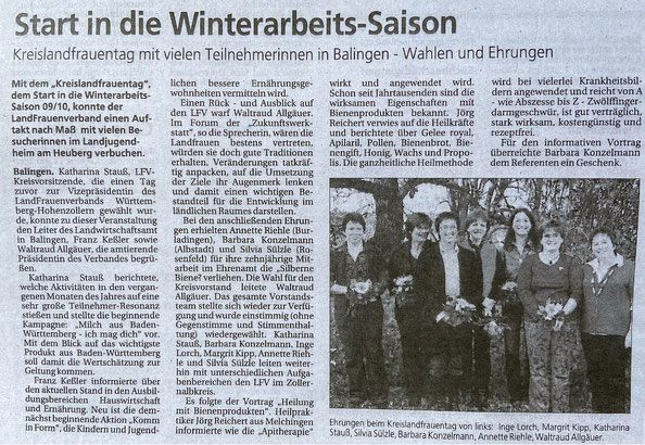 Der Presseartikel vom 9. November 2009 über den Kreis-LandFrauen-Tag und die Wahlen erschien im Zollernalbkurier