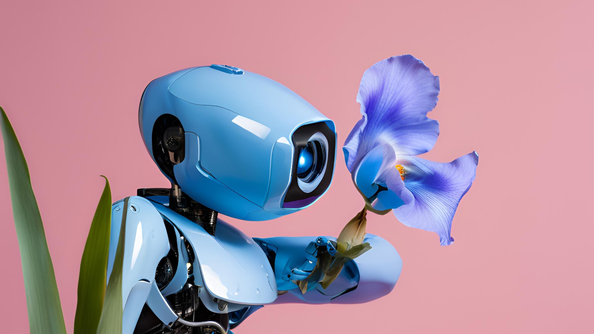 Künstliche Intelligenz / Roboter mit einer Schwertlilie in der Hand als Zeichen des miteinander Aufblühens