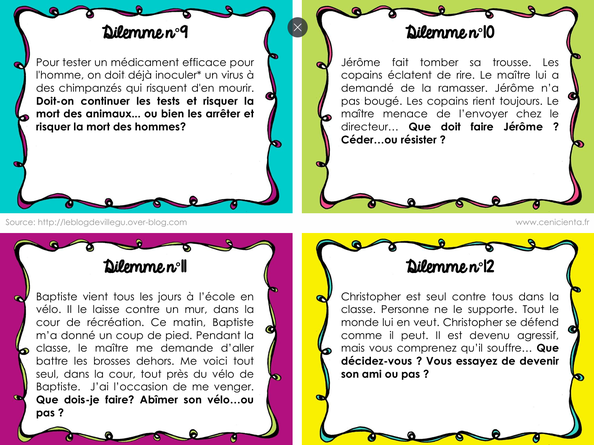 Philosophie pour enfants. Dilemmes moraux en classe. Cartes gratuites PDF pour discuter en classe. Dilemmes en classes. Résolution de conflits.