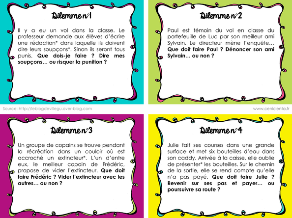 Philosophie pour enfants. Dilemmes moraux en classe. Cartes gratuites PDF pour discuter en classe. Dilemmes en classes. Résolution de conflits.