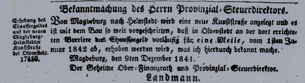 Abbildung aus dem Amtsblatt der Königlichen Regierung vom 9.12.1841