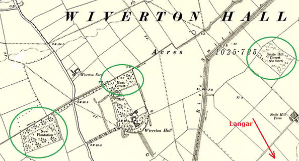 Fox coverts planted around Wiverton Hall in the 19th century shown on the 1899 map. Click to enlarge.