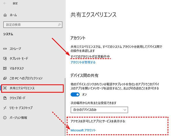 Microsoft_Account_Problem02：共有エクスペリエンスでは問題なしの表示