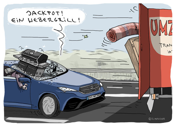 Cartoon von  H. Mercker zum Thema Grillen, Webergrill, Autobahn 