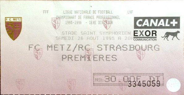 26 août 1995: FC Metz - RC Strasbourg - 6ème Journée - Championnat de France (3/2 - 19.988 spect.)