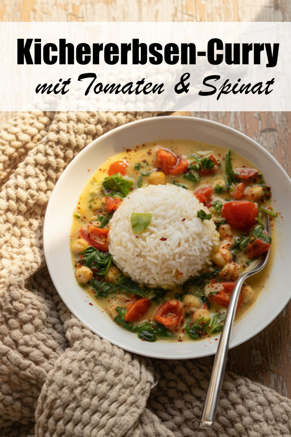 Kichererbsen Curry mit Tomaten und Spinat, mit Kokosmilch, Currypulver, Kreuzkümmel, Paprikapulver, Chili, dazu Reis, vegetarisch, vegan möglich, Mittagessen, Familienküche