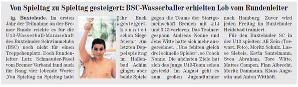 BSC U13-Wasserballer holen 4. Platz, Neue Buxtehuder Wochenblatt vom 01.06.2013