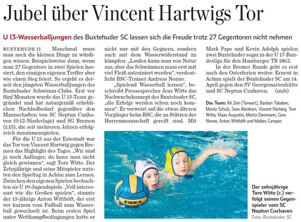 Hamburger Abendblatt vom 18.03.2013 - Jubel über Vincent Hartwigs Tor, Buxtehude Wasserball