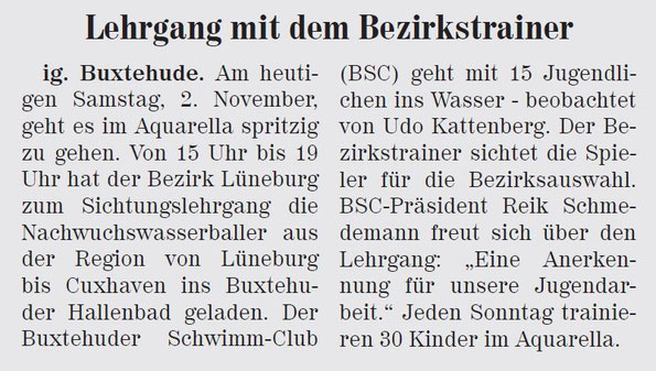 Wasserball mit dem Bezirkstrainer. Neue Buxtehuder Wochenblatt vom 02.11.2013