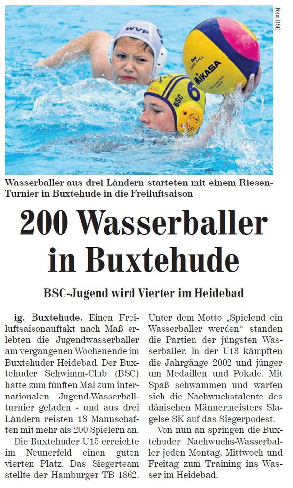 Neue Buxtehuder Wochenblatt vom 16.05.2015: Wasserballer aus drei Ländern starteten mit einem Riesen-Turnier in Buxtehude in die Freiluftsaison