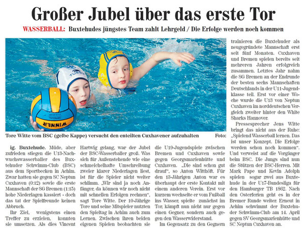 Neue Buxtehuder Tageblatt vom 13.03.2013. Großer Jubel über das erste Tor, Buxtehude Wasserball