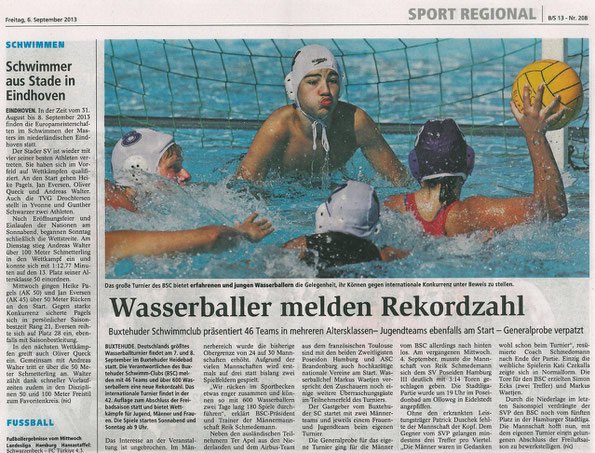 Wasserball melden Rekordzahl. Buxtehuder Tageblatt vom 06.09.2013