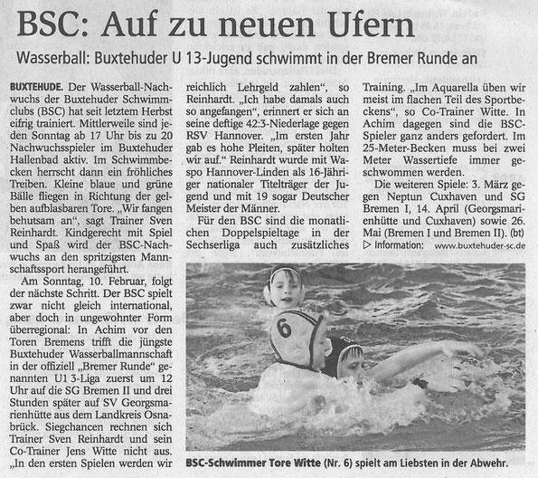 Buxtehuder Tageblatt vom 08.02.2013, BSC-Schwimmer Tore Witte (Nr. 6) spielt am Liebsten in der Abwehr, Buxtehude Wasserball