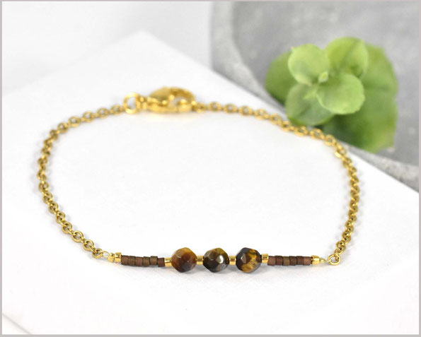 # Tigerauge Edelstein Kette mit 4 mm Steinen & Miyuki Perlen Mix / Edelstahl  27,90 €