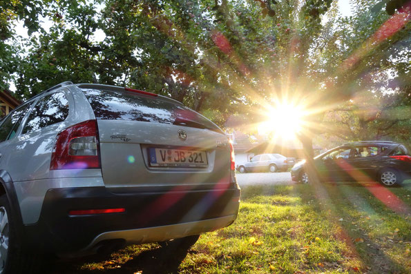 abendlicher Parkplatz im Obstgarten der Straußenwirtschaft "Haberstroh", 05.09.2020 ( Foto: J. Bartsch )