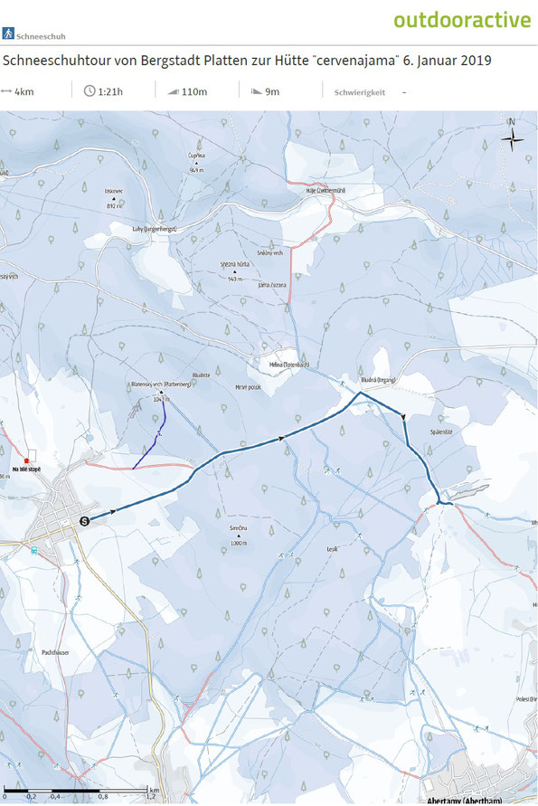 Karte zur Schneeschuhtour von der Bergstadt Platten zur Hütte "Cervenajama", 6. Januar 2019