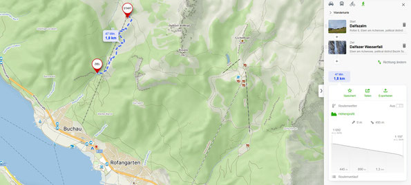 Karte zur Wanderung:  Hoch über dem Achensee,  eine Wanderung zur Dalfazalm und zum Dalfazer Wasserfall, 29.06.2023 