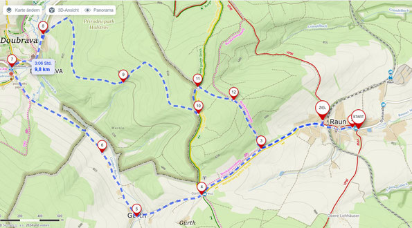 Karte zur Wanderung von Raun über Gürth nach Doubrava, 11.05.2024