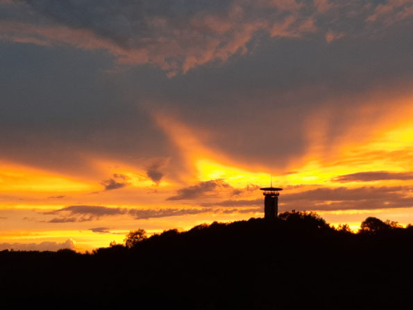 Sonnenuntergang hinter dem Bärensteinturm in Plauen, 29.08.2020 (Smartphone Foto: W. Fischer)