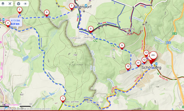 Karte zur Wanderung im oberen Vogtland, von Schönberg zu unseren Nachbarn, 03.05.2026 von W. Roth