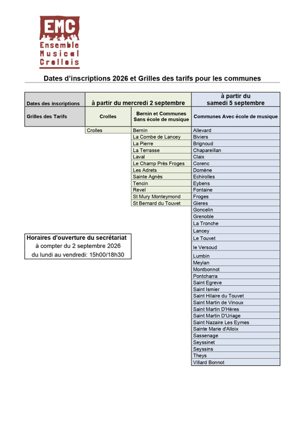 EMC; grille tarifaire par communes; école de musique; Crolles; Grésivaudan