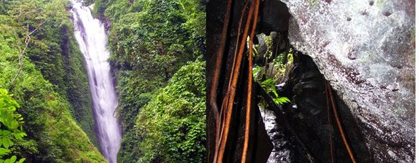 geteiltes Bild, Wasserfall und Höhlengrotte