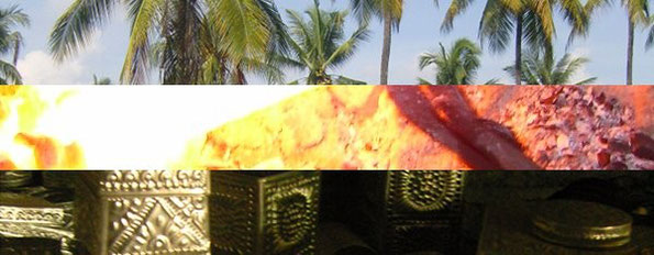 dreigeteiltes Streifenbild: Palmen, Schmiedefeuer, Kunsthandwerkliche Gegenstände