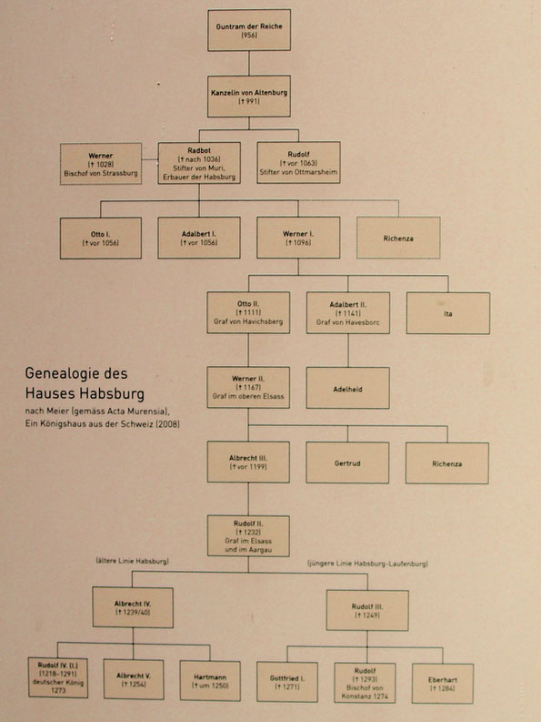 Arbre généalogique des Habsbourg de Gontran le Riche à Rodolphe 1er roi des Romains en 1273. Source : château de Habsbourg ; document établi d'après les actes de Muri.