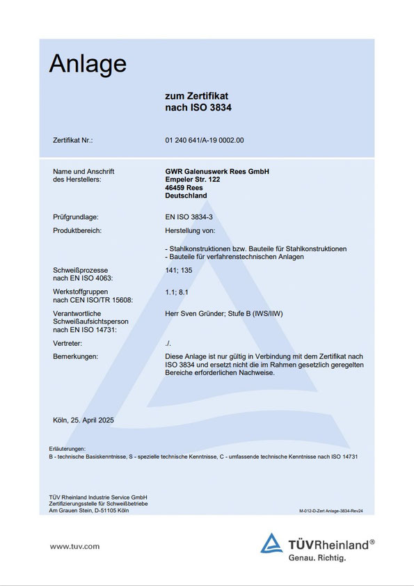 Zertifikat zur Überprüfung der schweißtechnischen Qualitätsanforderung durch den TÜV.