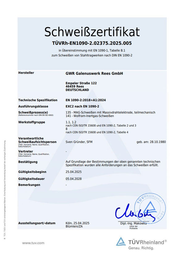 Schweißzertifikat des TÜV Rheinland.