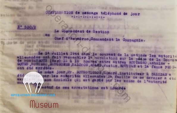 Rapport de gendarmerie du jour de l'arrestation de Justin BLANC et des autres otages retrouvé lors de nos recherches au ministère de le défense à Paris.