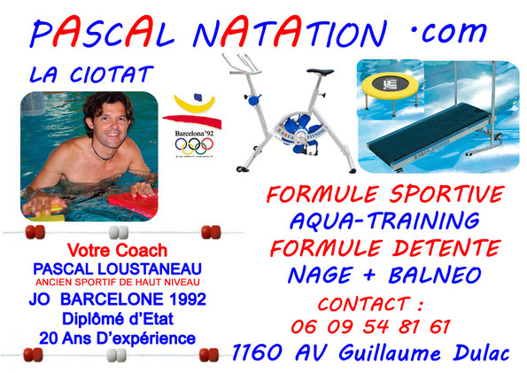 Pascal Natation La Ciotat vous propose dans la même séance Aquabike Aquarun Aquagym Aquajump Aquapalmes en circuit training de 45 minutes avec votre coach Pascal Loustaneau