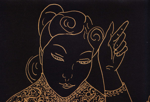 gold pen line drawing of Asian woman
